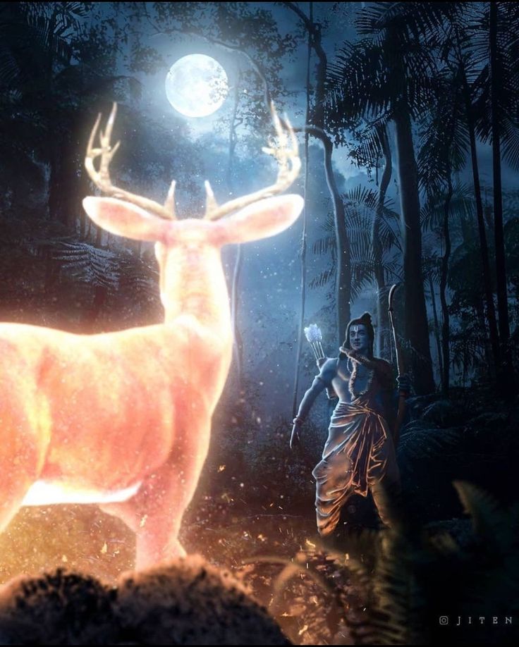 a deer standing in the middle of a forest next to a man with an antelope