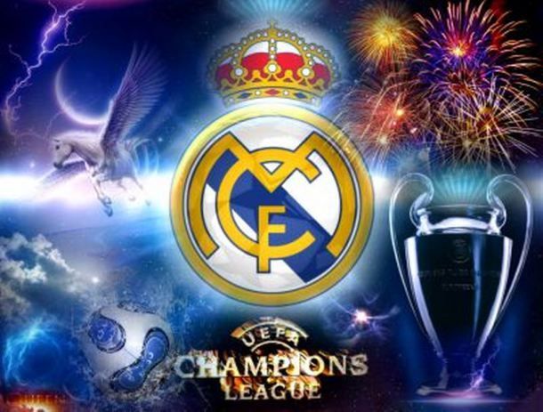 the real madrid and real madrid logos with fireworks in the background