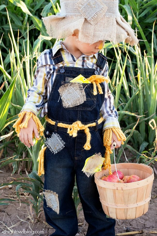 a little boy in overalls and a hat holding a basket with an apple inside