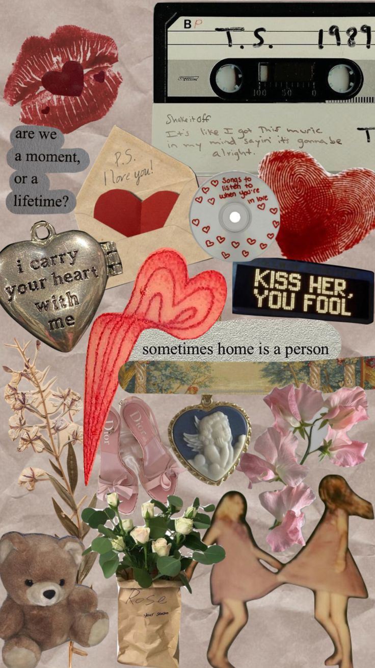 a collage of various items including flowers, hearts, and other things on top of a piece of paper