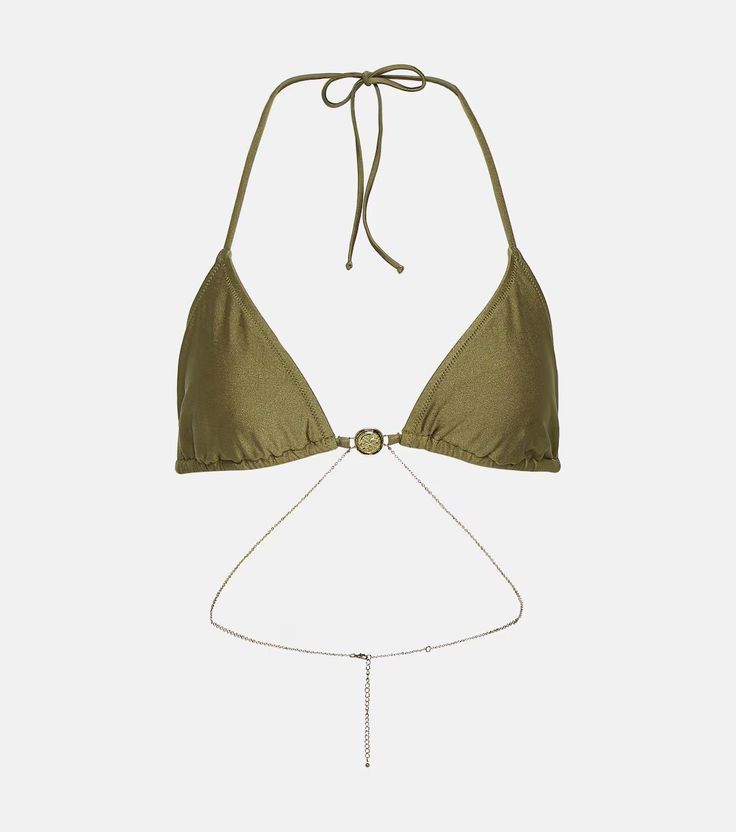 Chain bikini top in green - Bananhot | Mytheresa Party Swimwear With Triangle Top In Nylon, Party Nylon Swimwear With Triangle Top, Nylon Triangle Halter Top With Built-in Bra, Nylon Triangle Halter Top For Beach, Nylon Triangle Halter Top For Vacation, Chic Seamless Triangle Top Swimwear, Chic Seamless Halter Top For Beach, Chic Nylon Triangle Top Swimwear, Chic Triangle Halter Top For Sunbathing