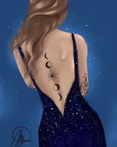 the back of a woman's dress with tattoos on her upper body and lower back