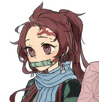 an anime character with long red hair wearing a scarf and holding something in her mouth