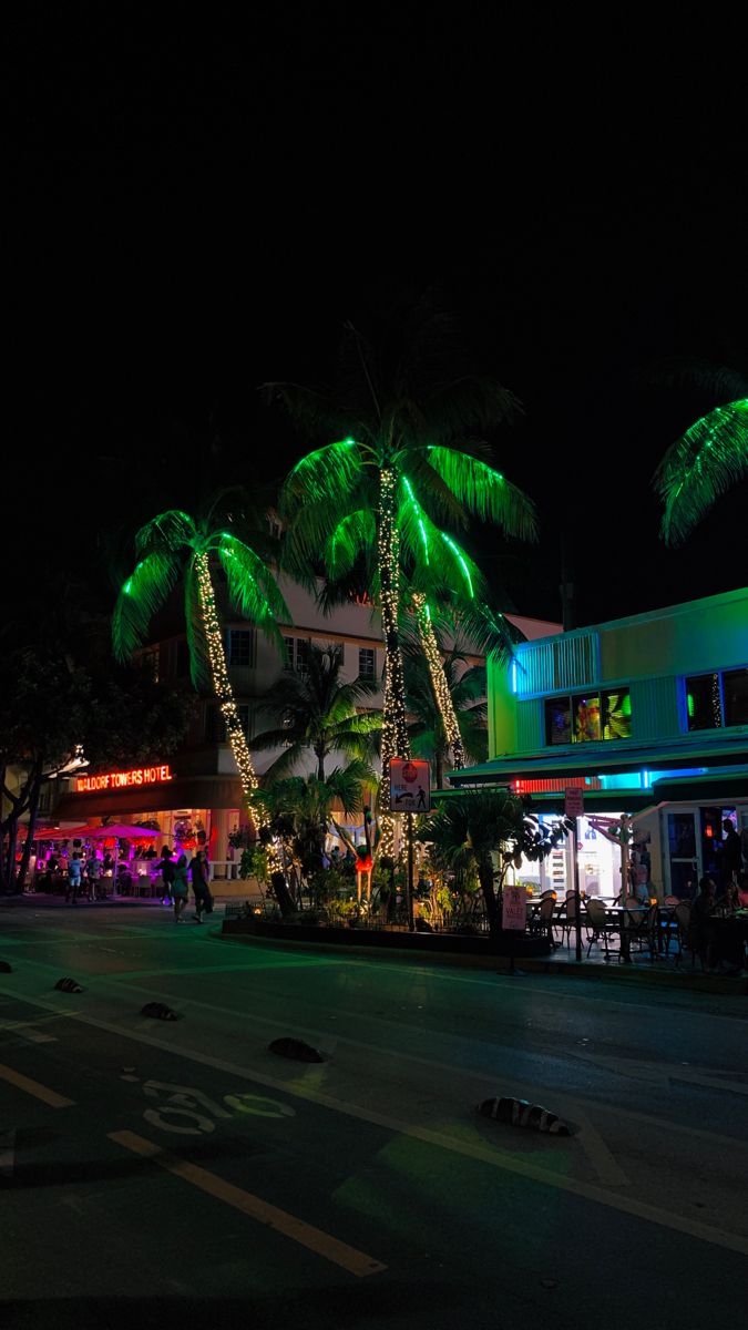 the palm trees are lit up at night in front of a building with neon lights