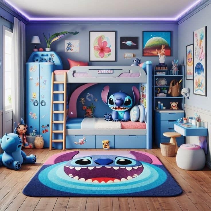 a child's bedroom decorated in blue and pink with monsters on the rugs