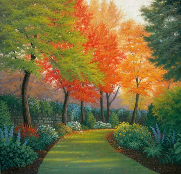 an oil painting of a path in the woods with trees and flowers on either side