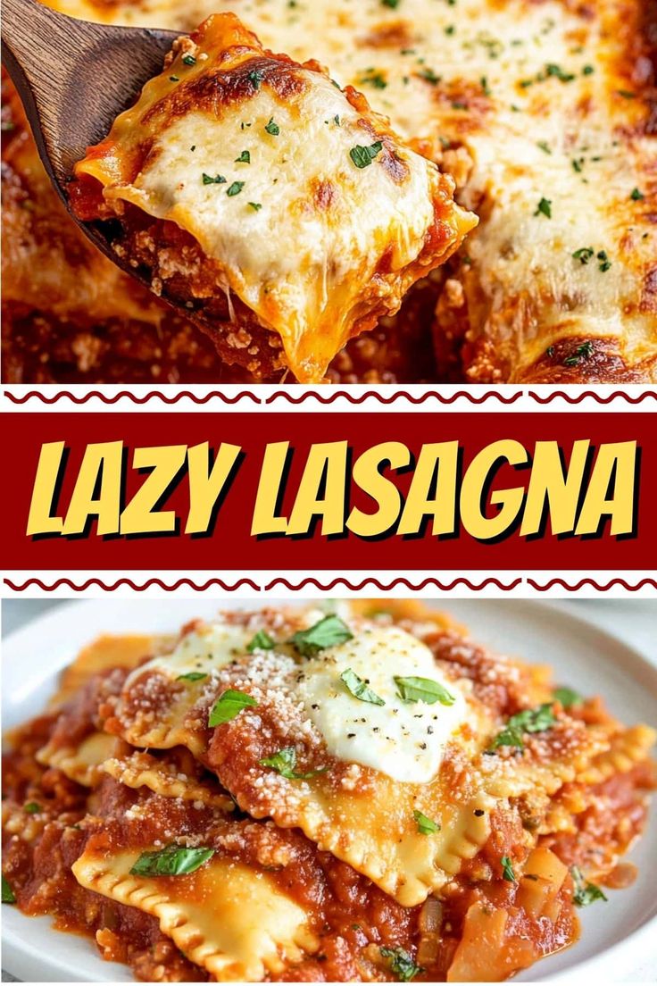 the lasagna recipe is shown in three different pictures