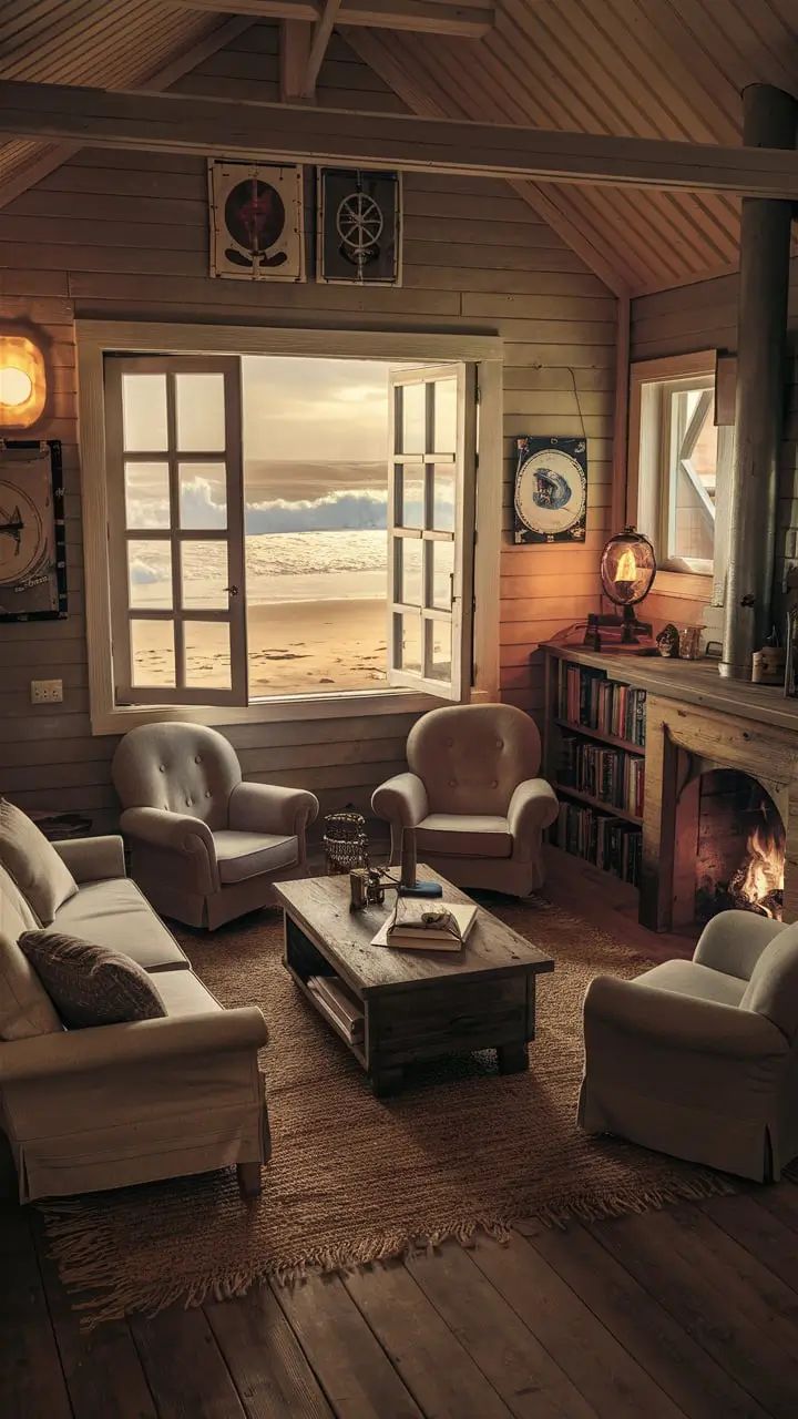 a living room filled with furniture and a fire place in front of a large window