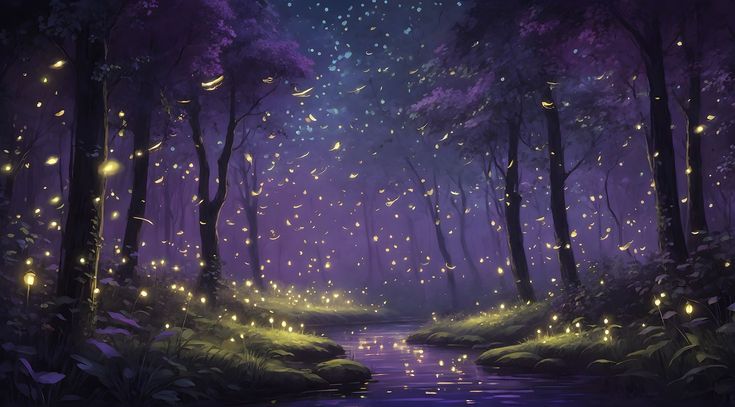 the fireflies are glowing in the night sky above a stream of water surrounded by trees