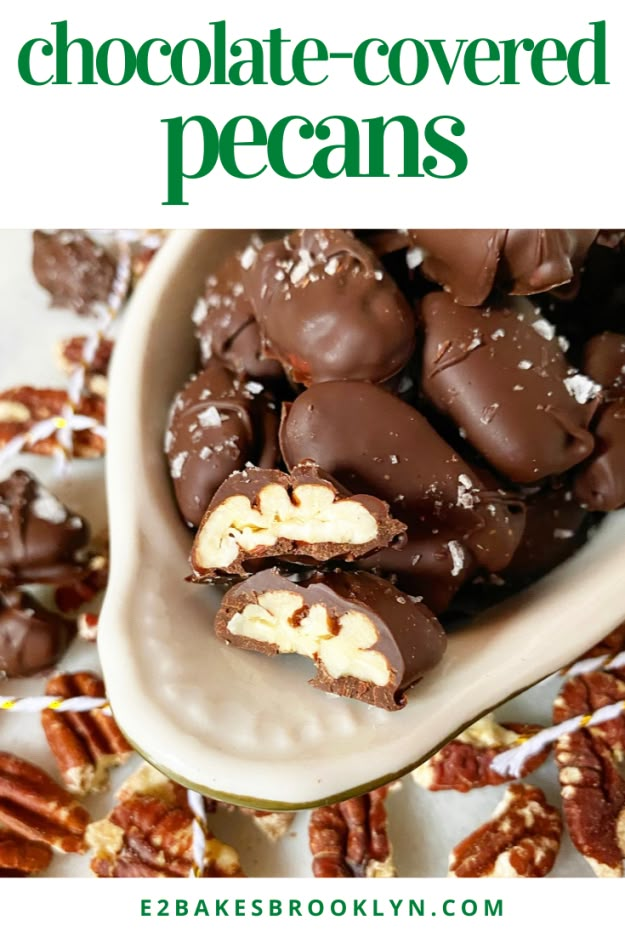 chocolate covered pecans in a white bowl with text overlay that reads, chocolate covered pecans