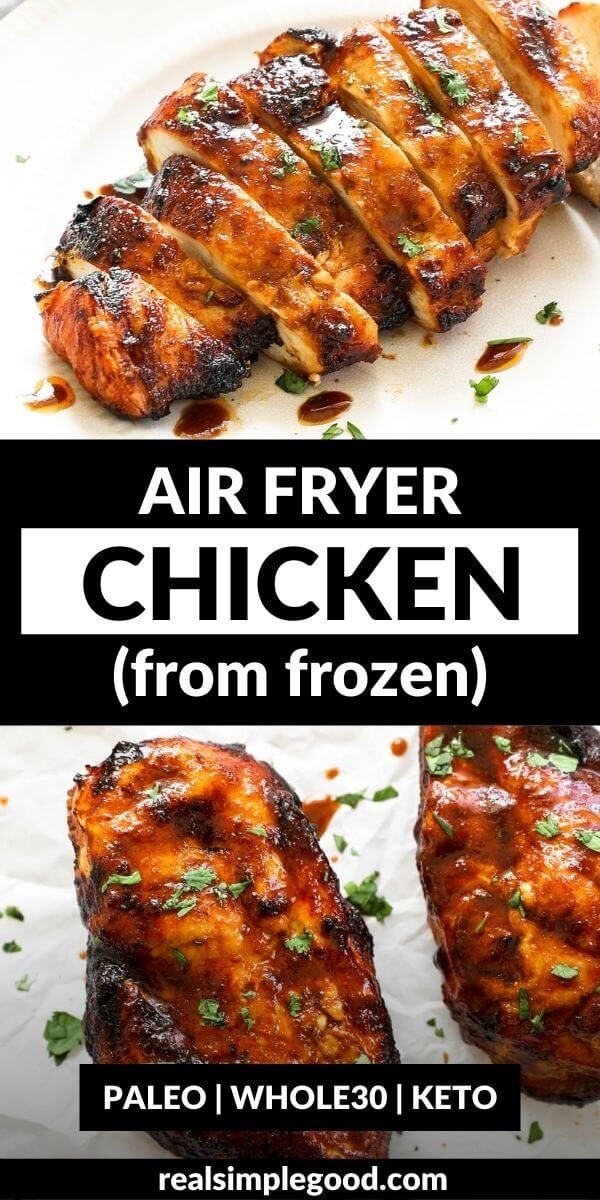 grilled chicken on a plate with text overlay that reads air fryer chicken from frozen