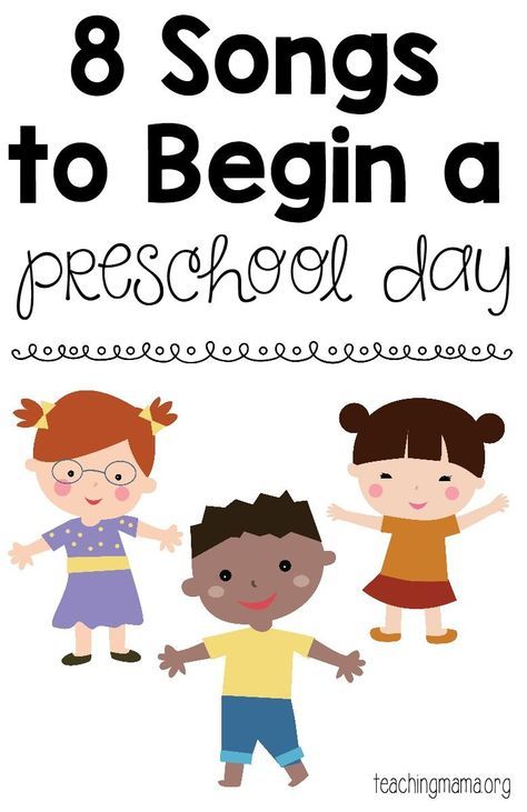 three children with the words 8 songs to begin a preschool day on top of them