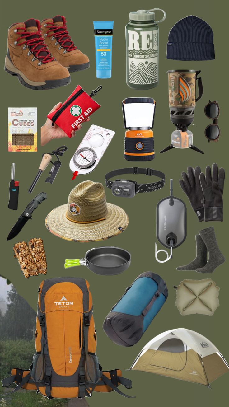 a collage of various items that include hiking gear, hats, gloves and water bottles