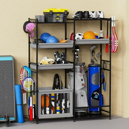 there is a shelf with many items on it and some tennis rackets next to it