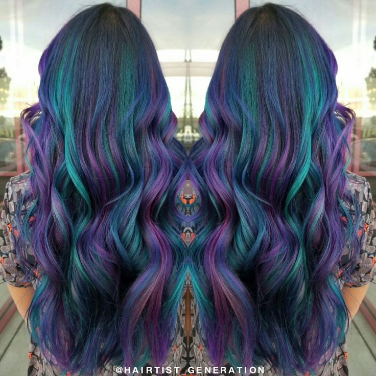 Dark Purple And Teal Hair, Blue Purple And Teal Hair, Galaxy Hair Color Highlights, Peacock Ombre Hair, Purple And Teal Hair Highlights, Purple Hair With Green Highlights, Black Blue And Purple Hair, Mermaid Hair Color Peekaboo, Red And Teal Hair