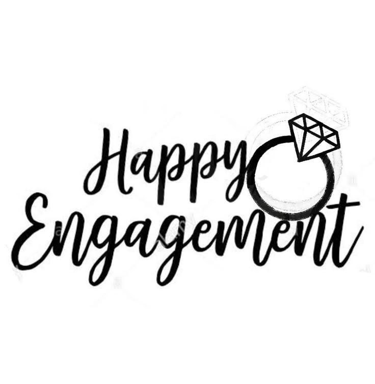 the words happy engagement written in cursive writing with a diamond ring on top