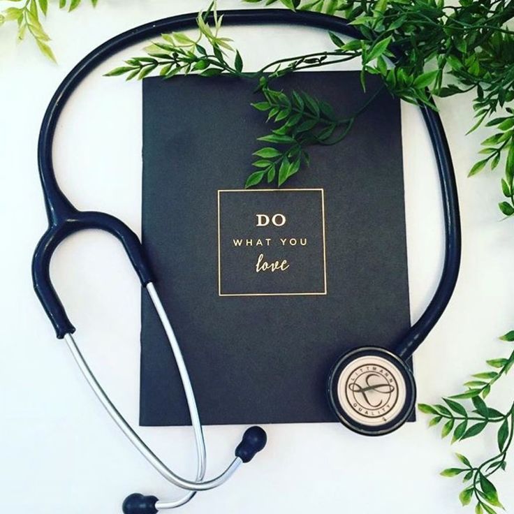 a stethoscope sitting on top of a black book next to a plant