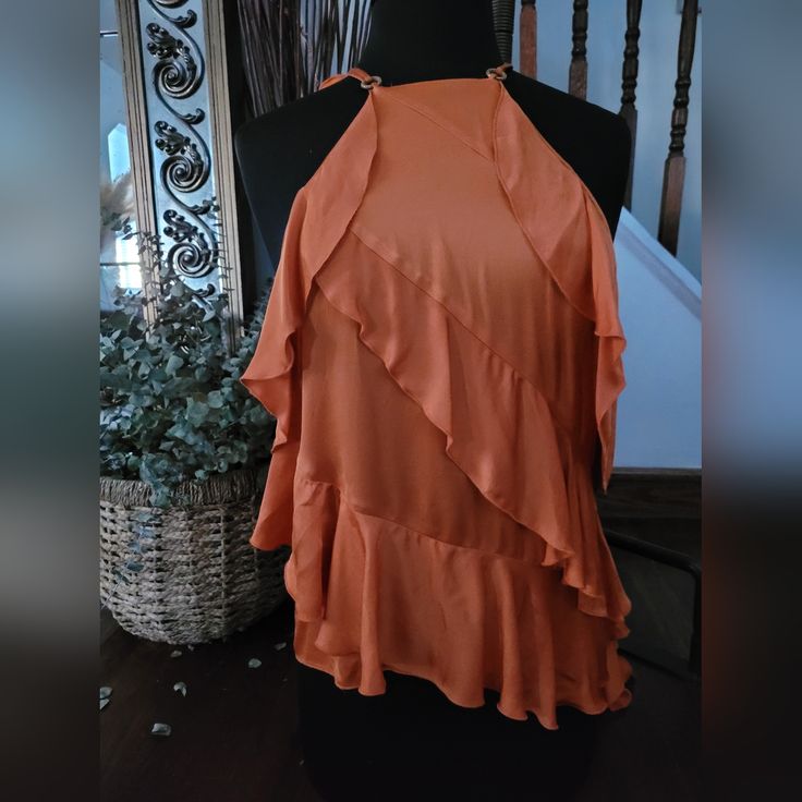 Zara Burnt Orange Ruffled Top. Back Out. 100%Vicosa Size Small Spring Night Out Blouse With Ruffle Hem, Spring Ruffle Hem Blouse For Night Out, Summer Tops With Ruffles For Night Out, Summer Ruffle Tops For Night Out, Summer Ruffled Tops For Night Out, Spring Blouse With Ruffles For Night Out, Ruffled Blouse For Night Out In Spring, Summer Ruffle Hem Top For Date Night, Summer Date Night Top With Ruffle Hem