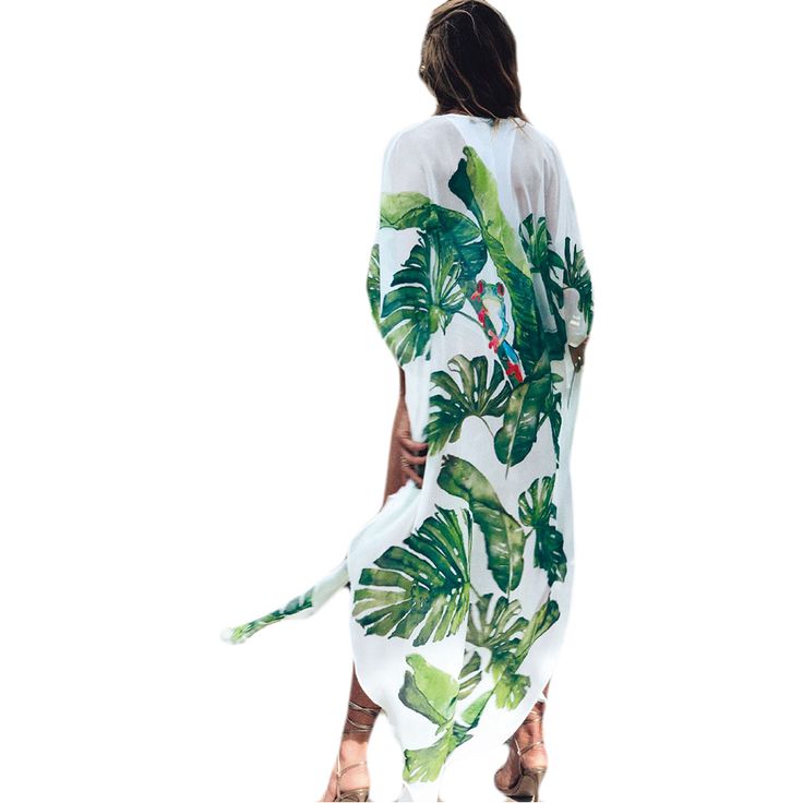 Green Leaf Print Chiffon Kimono Beach Cover Up Chiffon Cover-up For Vacation, Summer Chiffon Beach Dress For Beach Party, Summer Chiffon Cover-up, Chiffon Beach Dress For Summer, Chiffon Beach Dress For Beach Party, Spring Beach Dress In Chiffon, Summer Chiffon Beach Dress Cover-up, Chiffon Beach Dress Cover-up For Summer, Bohemian Chiffon Beach Dress For Summer