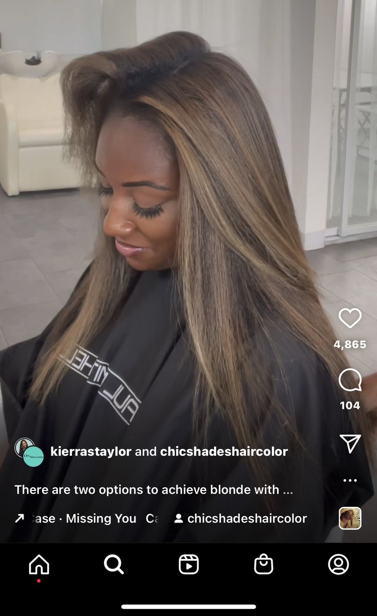 Black Women Blonde Balayage, Hair Color Ash Brown Highlights, Blonde Streaks Black Women, Ash Brown On Black Women, Highlighted Hair Black Women, Baylage Black Woman, Sandy Blonde Highlights On Dark Hair, Ash Blonde And Black Hair, Dye On Black Women