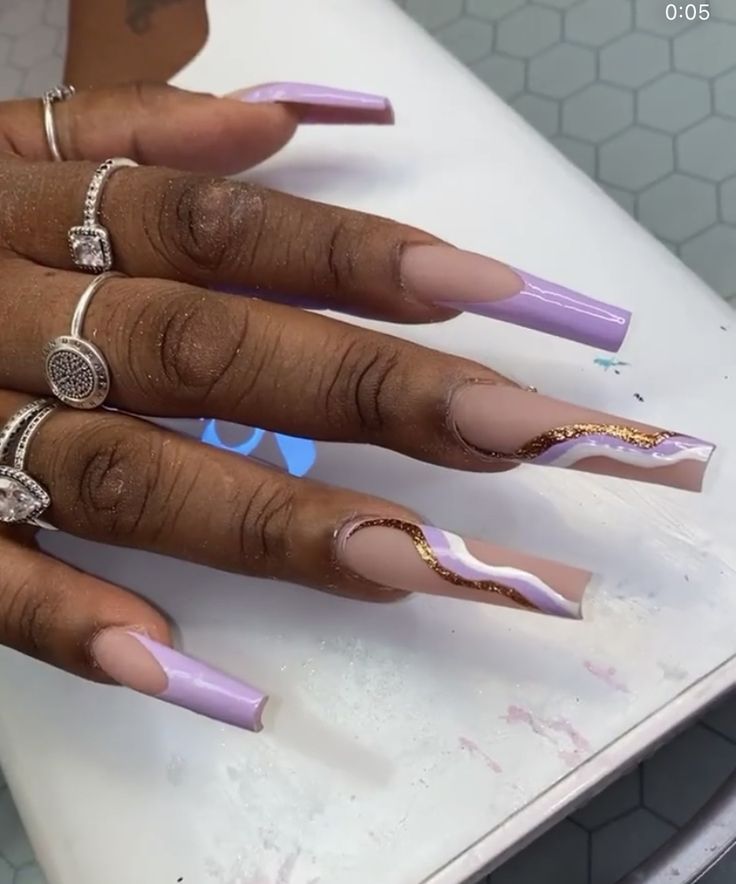 Nails Acrylic Coffin Long Baddie Purple, Tan And Purple Nails, Medium Square Acrylic Nails Purple, Purple Nails With Designs, Lavender And Pink Nails, Purple Acrylic Nails Coffin, Lilac Nails Acrylic, Long Purple Nails, Lavender Acrylic Nails