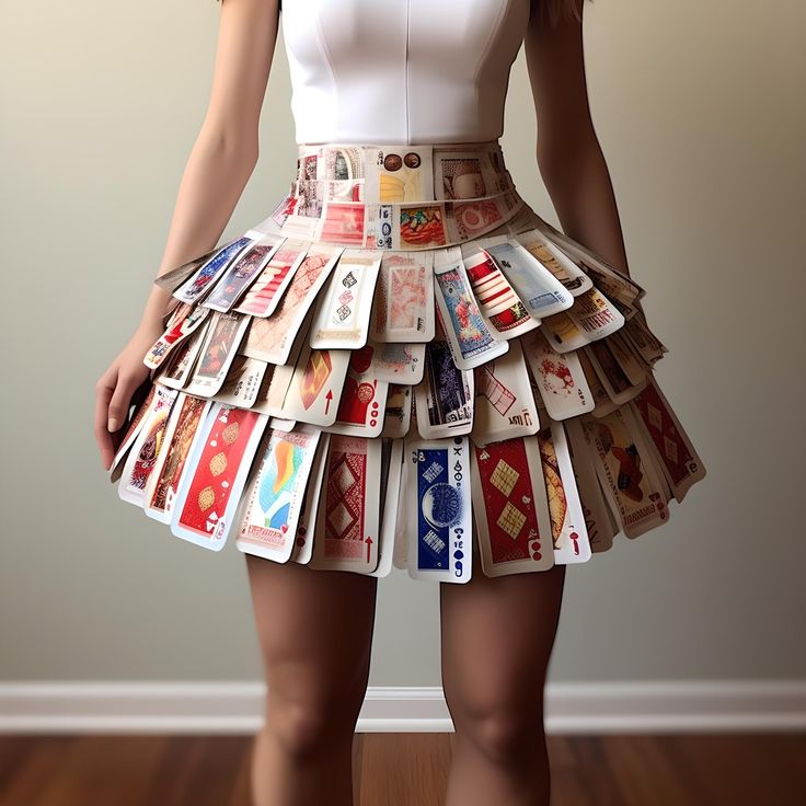 Skirt, Upcycled, Recycled, Cards, Deck, Fashion, Design, AI Anything But Clothes Party Ideas, Recycled Materials Fashion, Junk Fashion, Anything But Clothes Party, Recycled Skirt, Queen Of Hearts Halloween Costume, Anything But Clothes, Card Dress, Playing Card Crafts