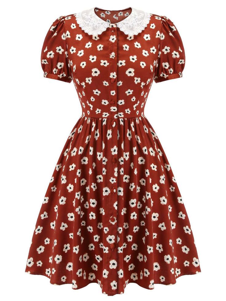 Floral puff perfection awaits in Retro Stage's Red 1960s Floral Puff Sleeve Flared Dress. Embrace vintage-inspired florals with flair. 60 Fashion 60s Style, Red Flare Dress, 50s Womens Fashion, Retro Stage, 60s Women, Vestidos Retro, Standard Dress, Dress Retro, 1960's Dress