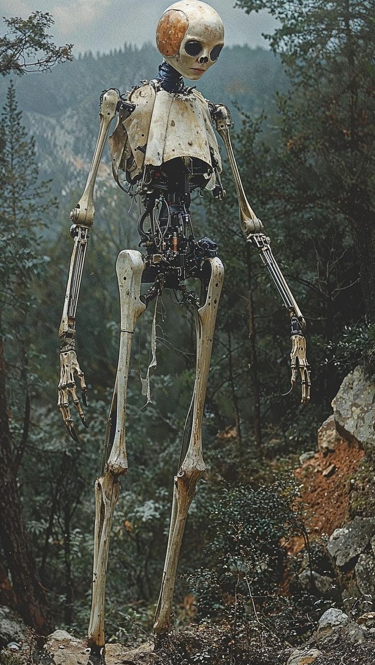 a robot is standing in the woods with its head turned to look like an alien