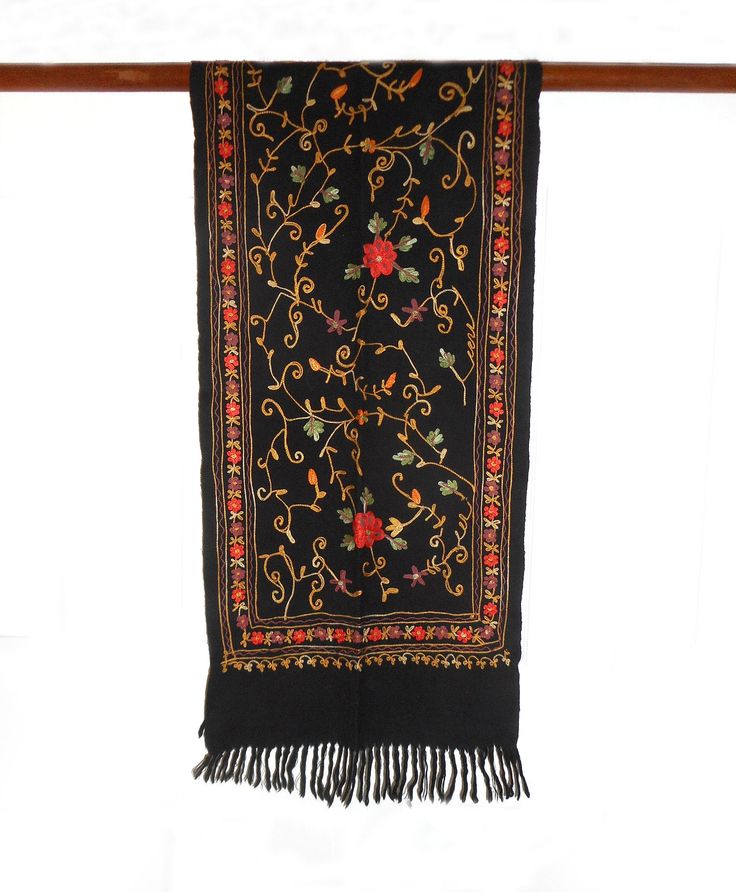 "After you've looked at this fabulous item, be sure to browse our main store for MANY MORE quality goods. Click here: https://www.etsy.com/shop/YourEntireCloset This intricate hand embroidered Indian wool scarf is one-of-a-kind. Beautiful vivid colors! Vintage item in perfect condition. Dimensions: 14\" wide x 62\" long including fringe Material: 100% wool Care instructions: Dry clean IMPORTANT NOTES:  This item is a final sale and not returnable.  We are currently selling only in the USA so ple Red Embroidered Winter Shawl, Traditional Embroidered Winter Scarves, Red Embroidered Shawl For Winter, Embroidered One Size Winter Shawl, One Size Embroidered Winter Shawl, Winter Festive Embroidered Scarves, Red Neck Scarf, Red Neck, Black Wool Coat