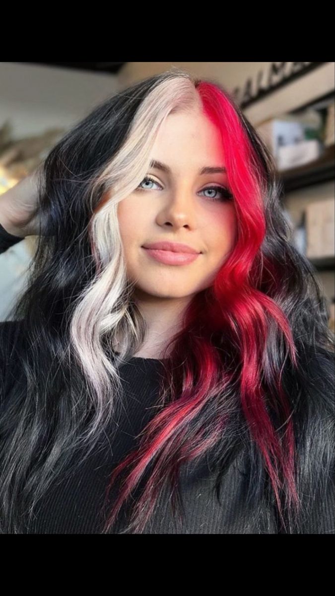 Half Black Half Colored Hair, Burgundy Money Piece Hair On Black Hair, Half And Half Colored Hair, Black Blonde Red Hair, Split Hair Ideas, Burgundy And White Hair, Half Platinum Half Black Hair, Black Hair With Red Front Pieces, Silver Hair Dye Ideas