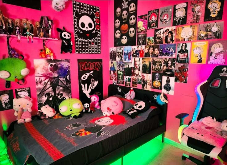 a bedroom with pink walls and lots of pictures on the wall above the bed is lit up by neon lights