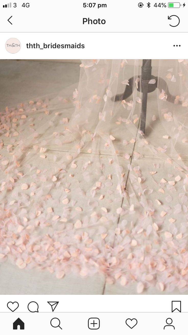 pink petals are scattered all over the floor in front of a sheered curtain on an umbrella