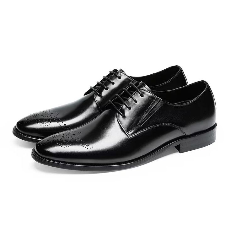 Introducing our exquisite Refined Cow Leather Brogue Dress Shoes, meticulously crafted with genuine cow leather for a durable and luxurious feel. The refined upper material and genuine leather lining add a touch of opulence, while the lace-up closure and high-quality pigskin insole ensure comfort and support. Elevate your ensemble and exude confidence with every step by investing in these timeless and impeccably crafted shoes. Experience the perfect blend of style, comfort, and durability with o Black Wingtip Lace-up Shoes For Formal Occasions, Elegant Leather Lace-up Oxfords, Black Wingtip Lace-up Formal Shoes, Classic Oxford Lace-up Party Shoes, Elegant Lace-up Goodyear Welted Oxfords, Elegant Black Wingtip Lace-up Shoes, Black Formal Lace-up Shoes With Brogue Detailing, Elegant Lace-up Leather Shoes For Business, Classic Wingtip Oxfords For Party