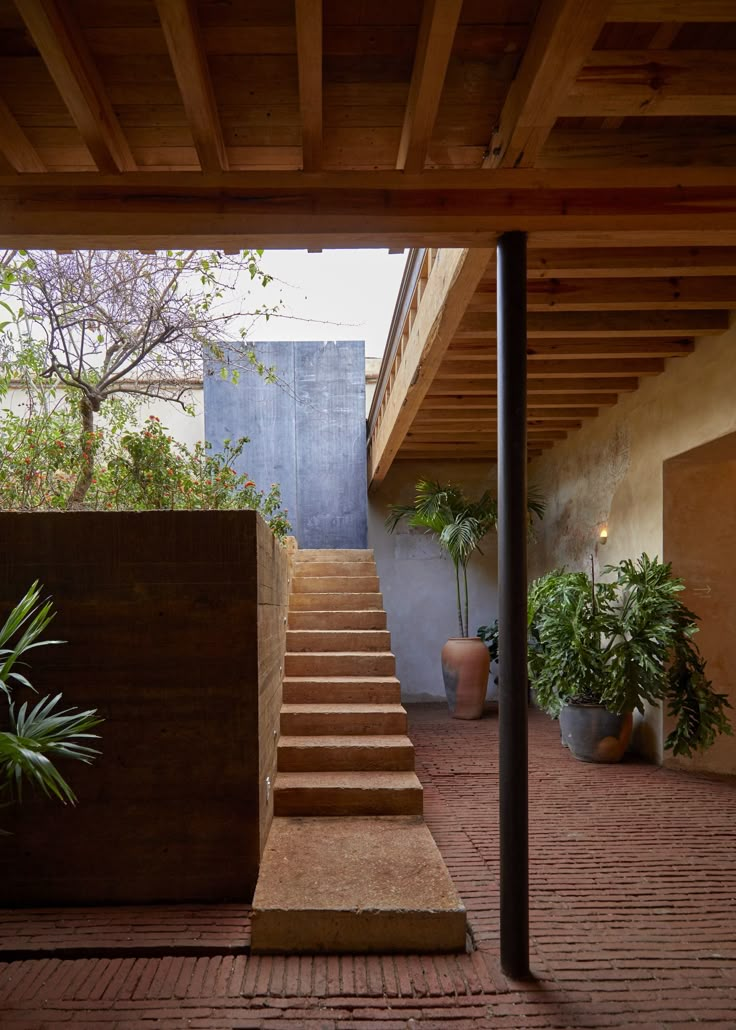 a set of stairs leading up to a building with potted plants on either side