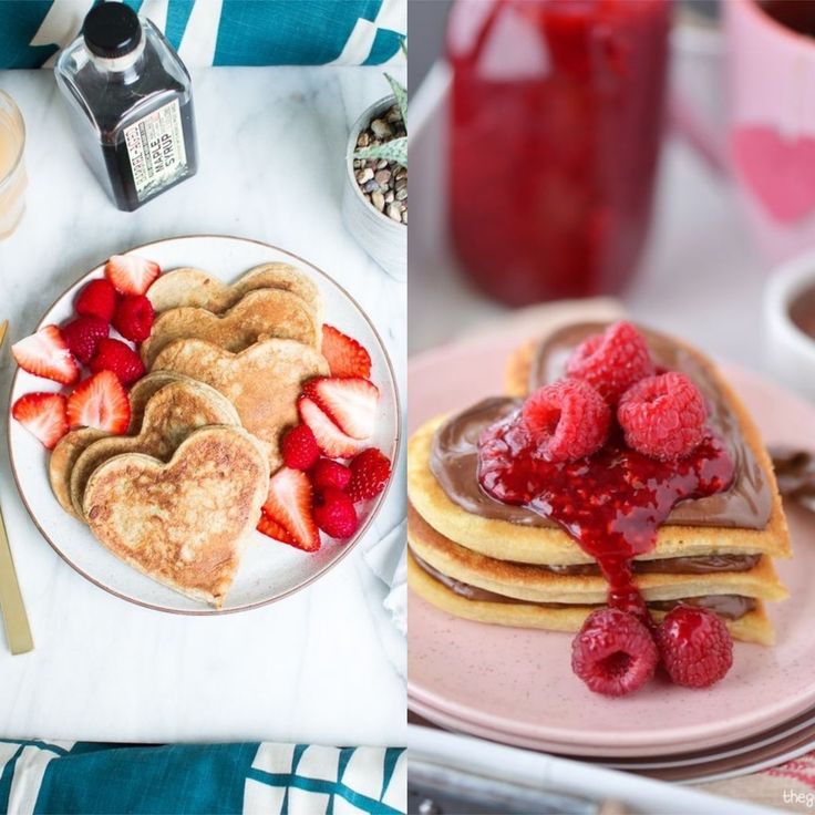 two pictures one with pancakes, the other with raspberries and strawberries on it