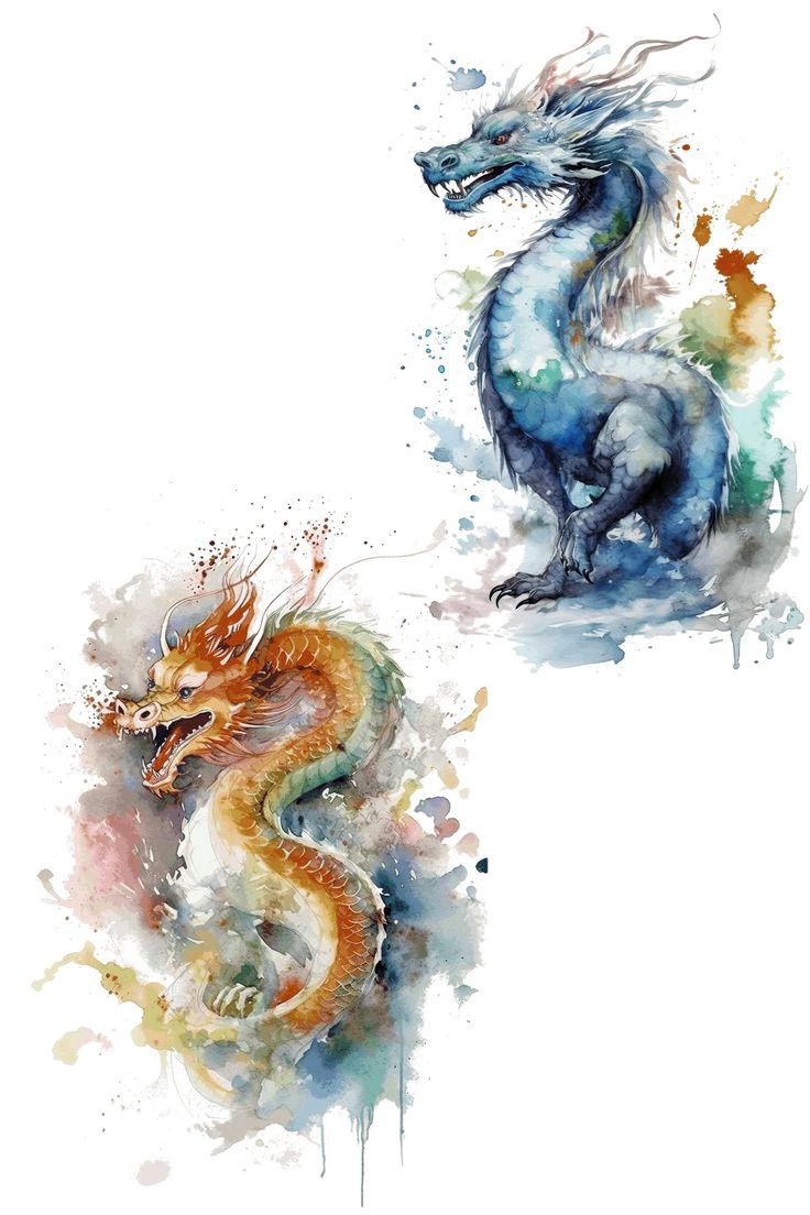 two watercolor paintings of dragon's with different colors and sizes, one in the foreground