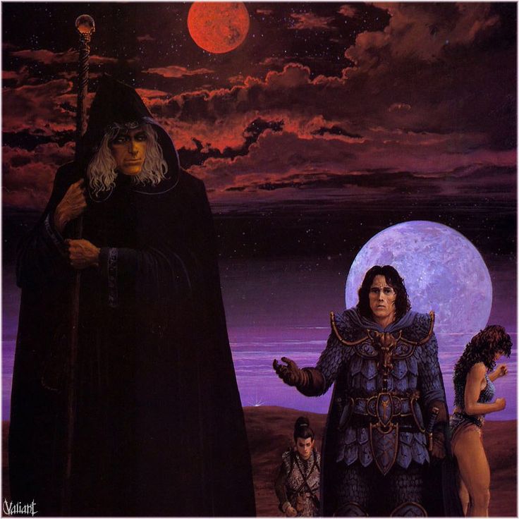 a painting of two men standing next to each other in front of a full moon