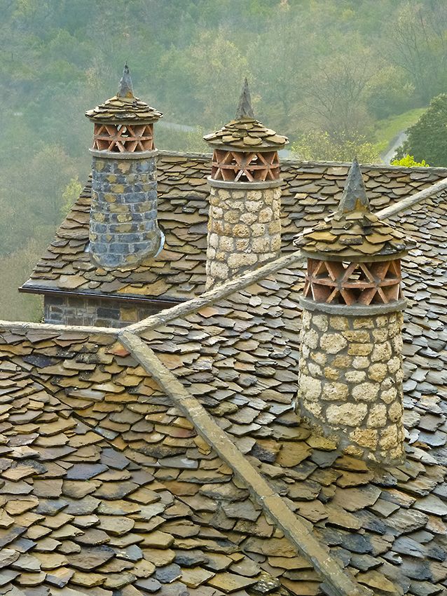 the roof of an old building with stone chimneys and tiled roofs is shown in this artistic photo