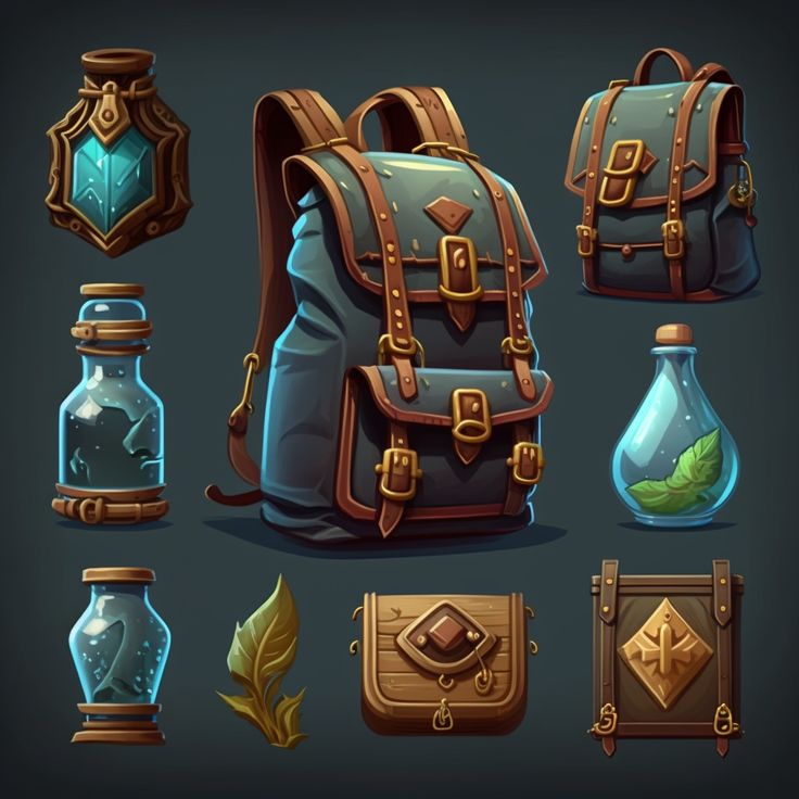 a set of different items that are in the style of an old - school backpack