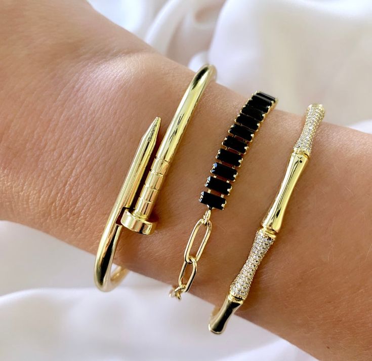 Choice of Gold Filled Bracelets - Nail Bangle Bracelet - Bamboo Micro Pave Cuff - Black Onyx Tennis Bracelet with Paperclip Chain - Bracelet Stacks Black And Gold Bracelet Stack, Nail Bangle, Gold Bracelets Stacked, Golden Bracelet, Black Bangle, Necklaces Chunky, Nail Bracelet, Ribbon Bracelets, Jewelry Magazine