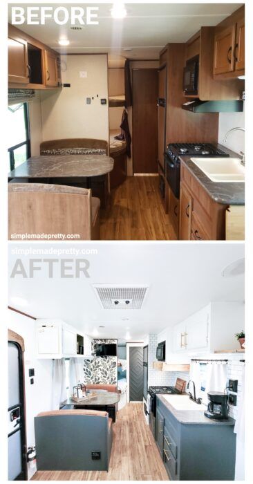 before and after photos of a mobile home kitchen, living room, and dining area