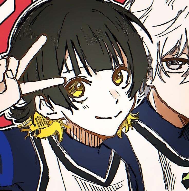 two anime characters with yellow eyes and black hair, one is pointing to the side