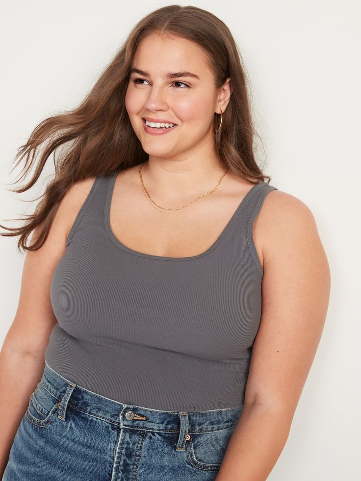 Our First Layer tank top is fitted, flattering & soft.  Great outfits start here ➡️ Scoop neck.  Sleeveless arm openings.  Rib-knit cotton-blend, with comfortable stretch.  @modelsizes 5’9":S | 5'7":L | 5'10":XL @modelsizes Fitted through body. Everyday Ribbed Camisole With Scoop Neck, Everyday Ribbed Scoop Neck Camisole, Casual Gray Scoop Neck Tank Top, Casual Ribbed Tops With Scoop Back, Gray Ribbed Scoop Neck Top, Casual Seamless Camisole With Scoop Back, Casual Seamless Crew Neck Tank Top, Everyday Crew Neck Seamless Tank Top, Gray Seamless Scoop Neck Tank Top