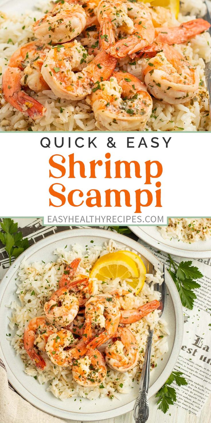 shrimp scampp is served over rice with lemon wedges and parsley on the side