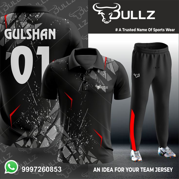 a black and red soccer uniform with the name gulshan 01 on it