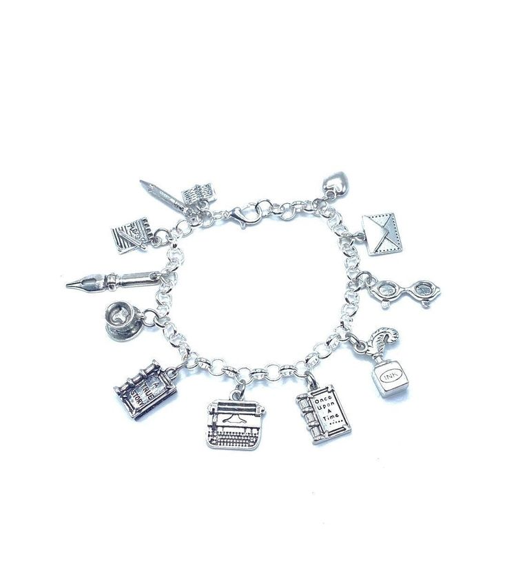 "New. This Bracelet makes a perfect gift. Has  12 Writer Journalist Themed Charms all charms are approx 1/2\" to 1\" in size Stainless Steel bracelet has a lobster clasp closure and is adjustable measures approx 8\" bracelet is Stainless Steel  charms are silver tone alloy and steel. (Nickel and lead free) charms include Book, Pencil, Memo Pad, Fountain Pen, Cup Of Coffee, A true Story Book, Typewriter, Once Upon A Time Book, Quill and Ink Well, Eye Glasses, Envelope, Small puffy Heart" Book Charm Bracelet, Once Upon A Time Book, True Story Books, Book Charm, Quill And Ink, Ink Well, Puffy Heart, Cute Bracelets, Memo Pad