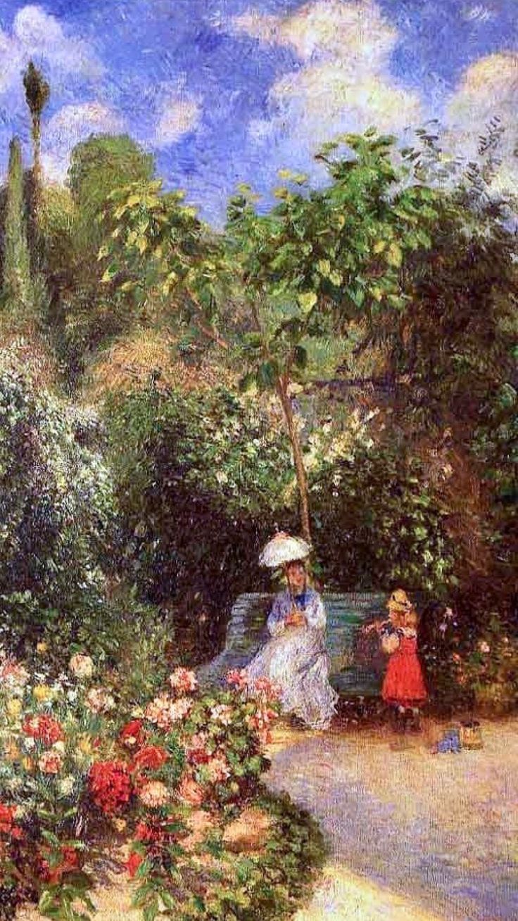 a painting of two women sitting on a bench in a garden with flowers and trees