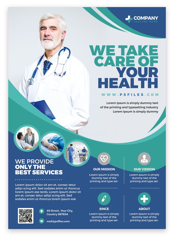 a blue and green medical flyer with an image of a man in a white lab coat