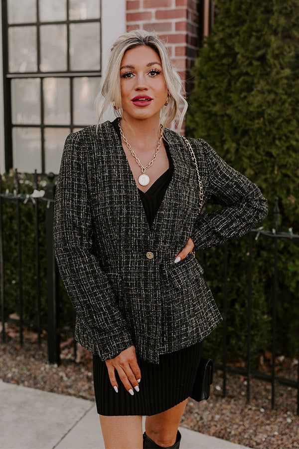 Take your girl boss wardrobe to the next level with our black designer inspired 'Dreaming Bigger' blazer featuring luxe tweed material, long sleeves, low accent pockets with flap closures, and a flattering silhouette that ends in a straight hemline! Measurements S : Bust 38", Hip 38", Length 26.5", Sleeve Length 24.5", Waist 34". M : Bust 40", Hip 40", Length 27", Sleeve Length 24.5", Waist 36". L : Bust 42", Hip 42", Length 28", Sleeve Length 25", Waist 38". Tweed Material, Your Girl, Tweed Blazer, Black Design, Dream Big, Next Level, The Next, Design Inspiration, Long Sleeves