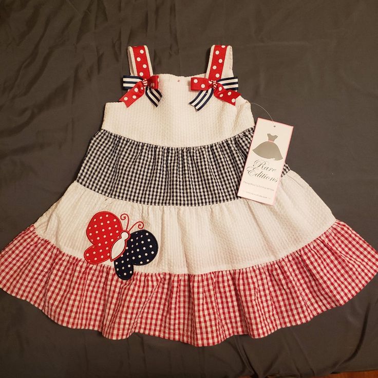 Red White Blue Gingham & Bows Fun Red Ruffled Dress, Playful Red Dresses For Play, Red Cotton Dress For Play, Fun Red Dresses For Playtime, Red Cotton Casual Dress, Cute Red Dress For Play, Fun Red Cotton Dress, Red Cotton Dress For Playtime, Red Ruffled Dresses For Playtime